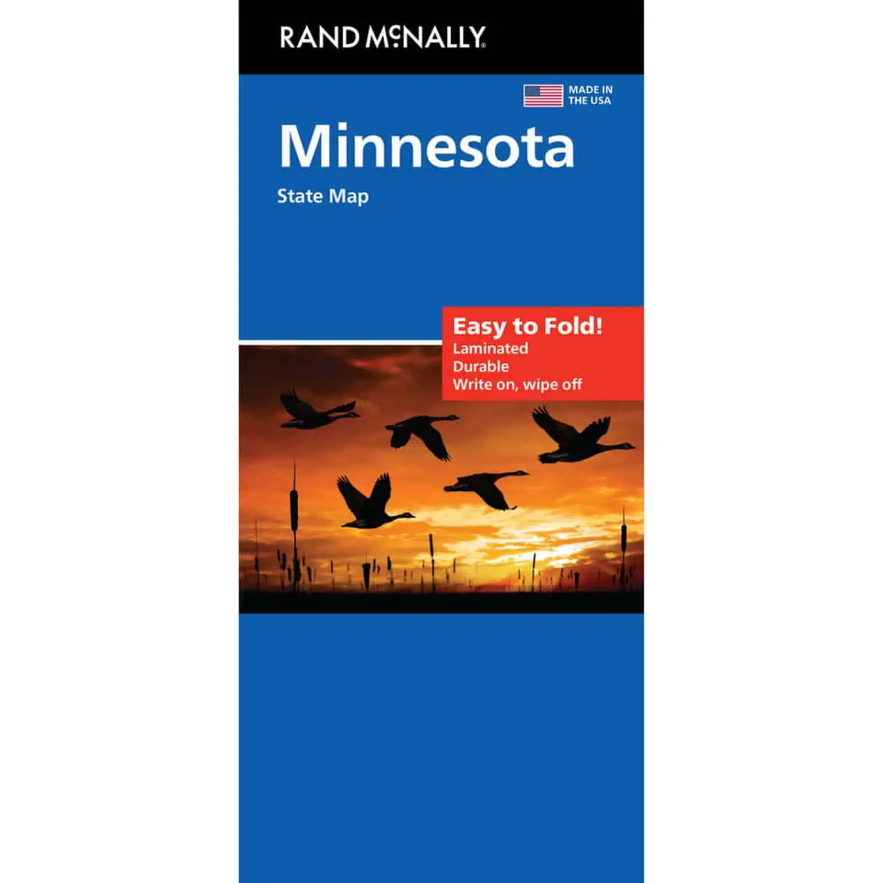 Bright blue Minnesota state map with a sunset photo of flying geese, laminated and durable, perfect for geographical reference or travel planning. Made in the USA by Rand McNally.