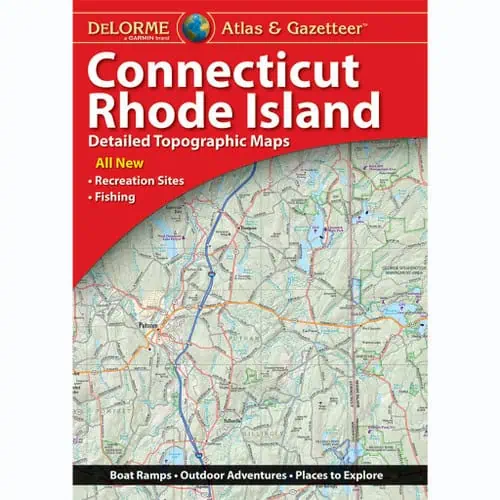 Detailed topographic map of Connecticut and Rhode Island from The Map Shop, showing roads, waterways, and outdoor recreation sites.