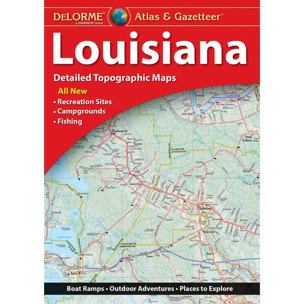 Detailed topographic map of Louisiana from the Louisiana Atlas & Gazetteer by DeLorme, showing recreation sites, campgrounds, and fishing areas.