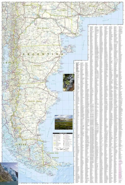 Argentina map with detailed roadways, topography, and regions including Buenos Aires, Patagonia, and the Andes, ideal for travel planning and geographic reference.