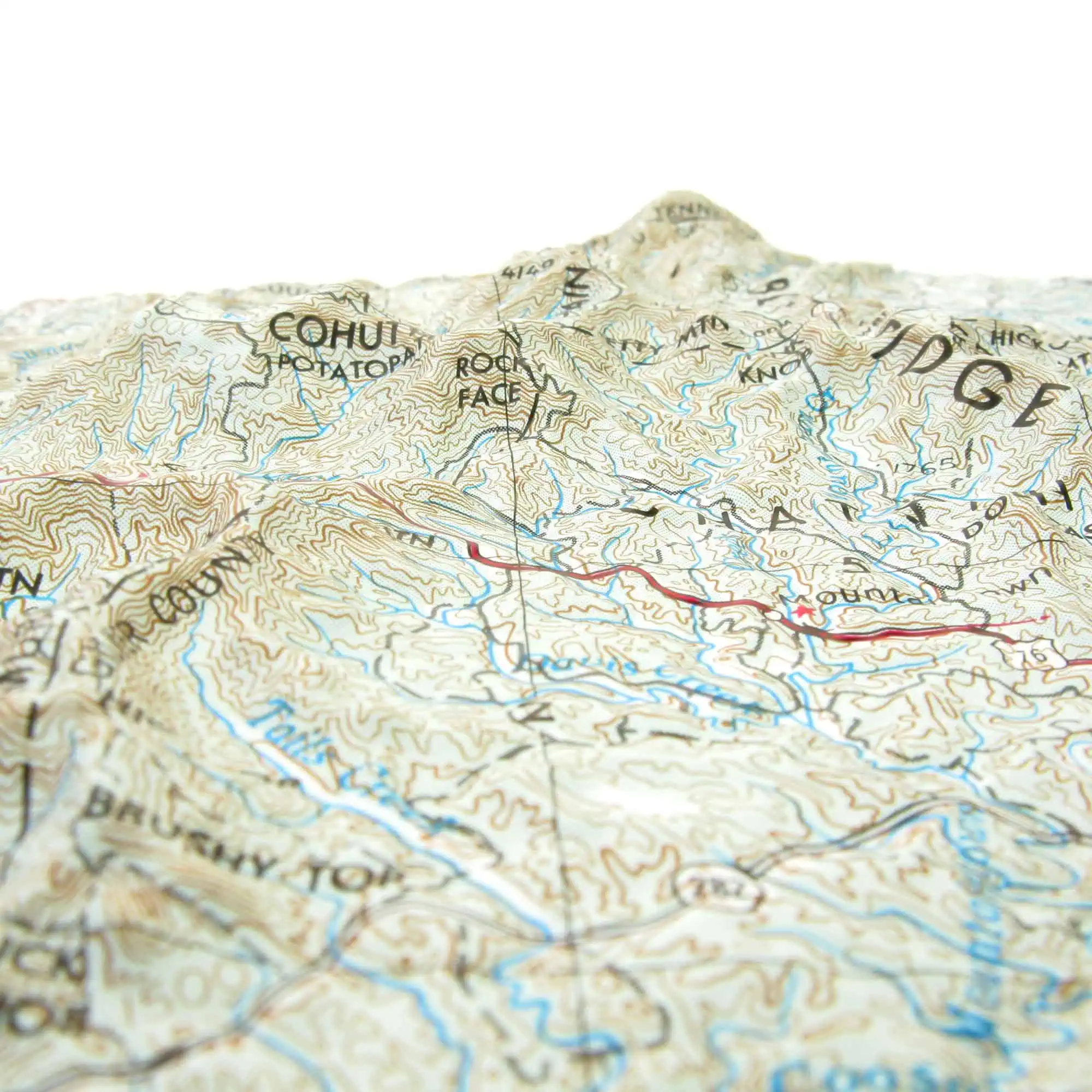 Topographic map detail highlighting mountain terrain, rivers, and landmarks for outdoor navigation and geographic exploration; perfect for adventure planning and map enthusiasts.