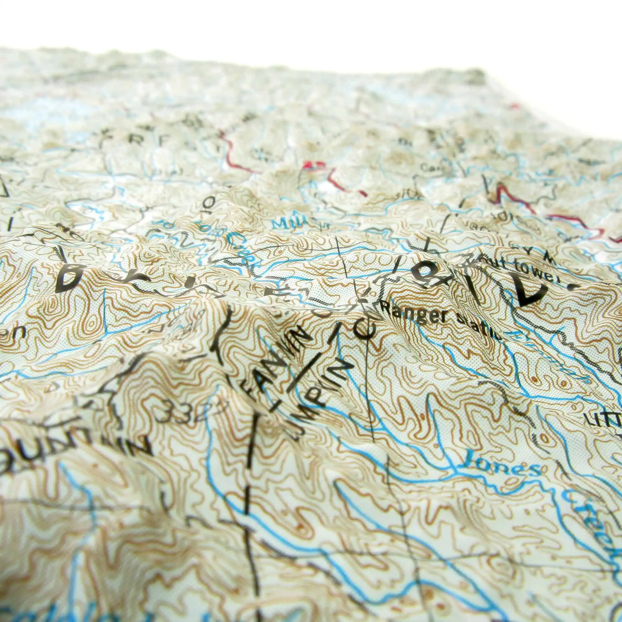 Detailed topographic map showing elevation contours, rivers, and mountain ranges, ideal for outdoor navigation, hiking, and wilderness exploration. Hosted by The Map Shop, offering quality maps and navigation tools.