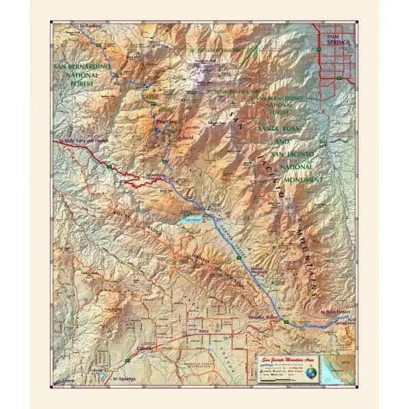 San Jacinto Mountain area map with trails, parks, and landmarks in Southern California, perfect for hikers, travelers, and outdoor enthusiasts seeking detailed topographic information.