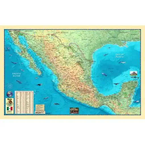 Detailed map of Mexico depicting states, cities, highways, and geographical features with ocean and marine life illustrations for travel and navigation.