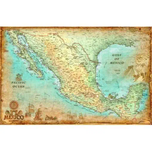 Vintage map of Mexico with detailed geographical features and historic elements, ideal for travel planning and navigation.