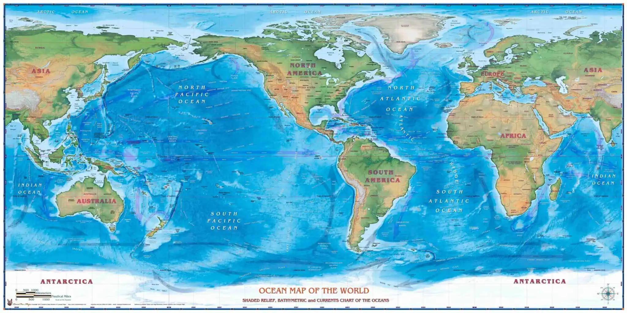 North America and Pacific Ocean map with detailed country borders, ocean currents, and shaded relief for educational and navigational use from The Map Shop.