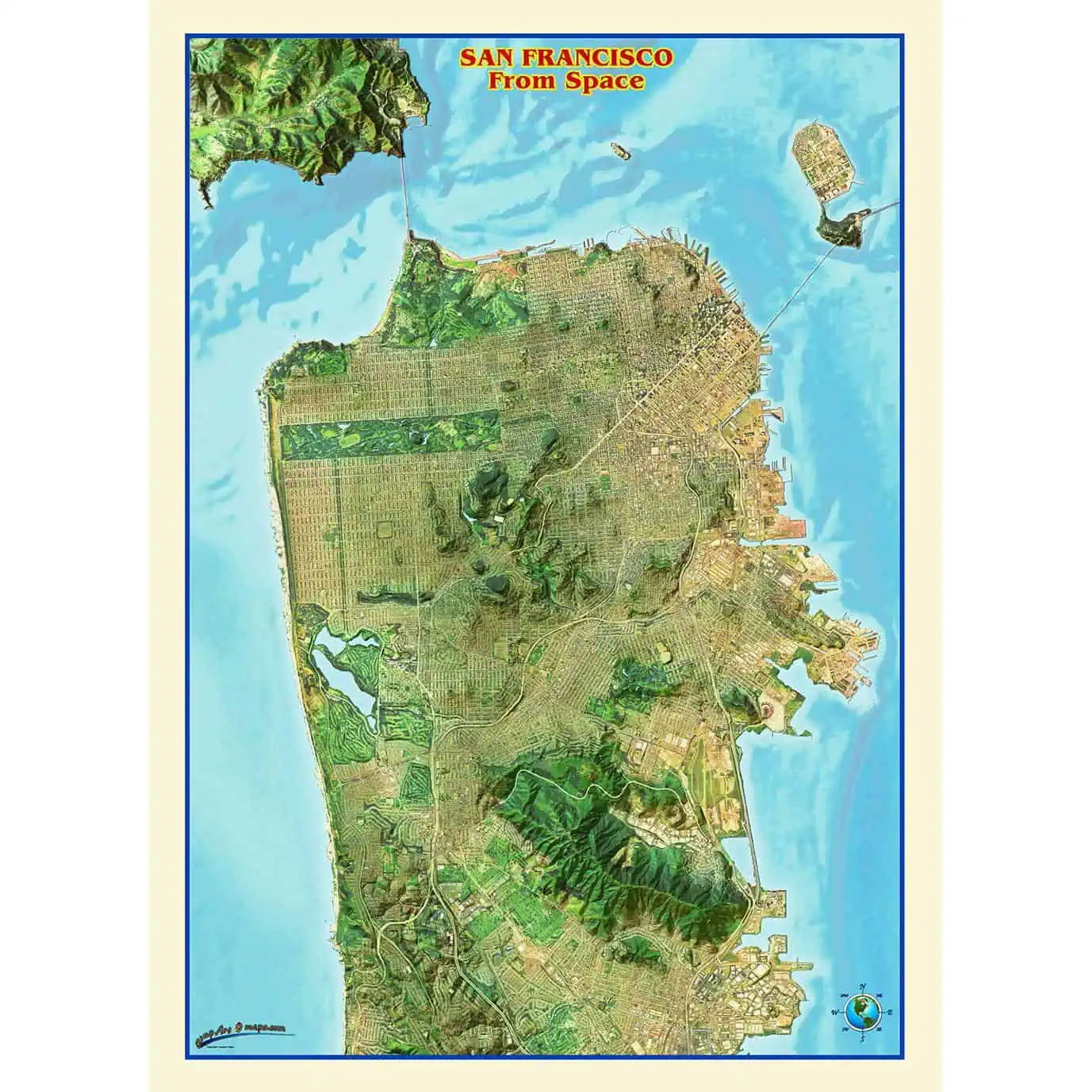 San Francisco detailed city map with topographical features, bays, parks, and neighborhoods, ideal for travelers, navigation, and geographic reference.