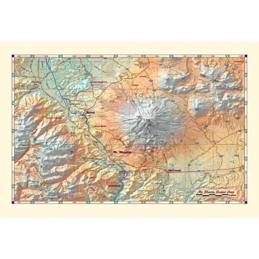 Map of the Mt. Shasta Scenic Area featuring topographical details, roads, and landmarks in Northern California, ideal for travelers, hikers, and outdoor enthusiasts exploring the region.