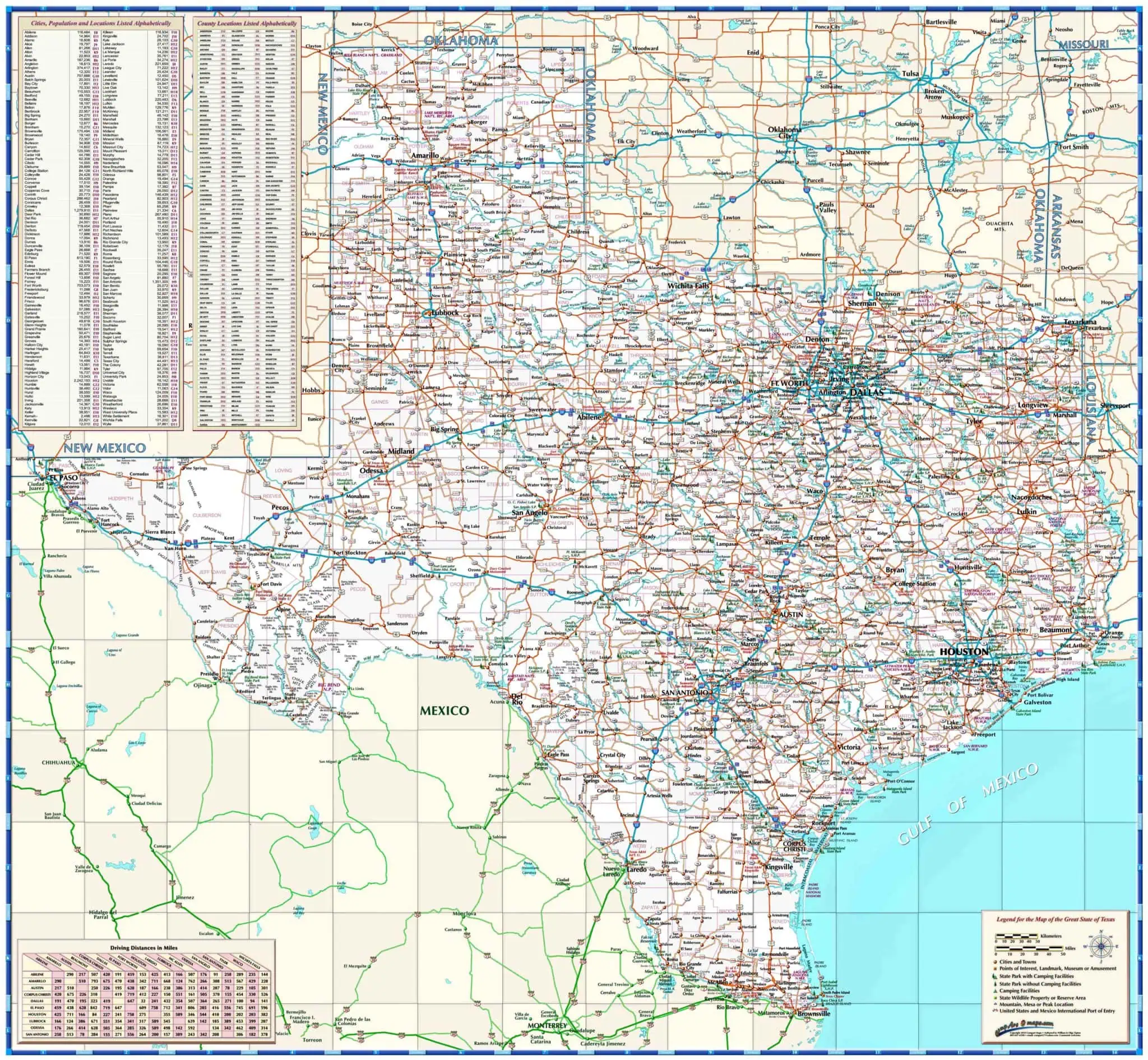 Detailed map of Texas and surrounding states showing major cities, highways, and geographic features, ideal for travel planning or geographic reference.