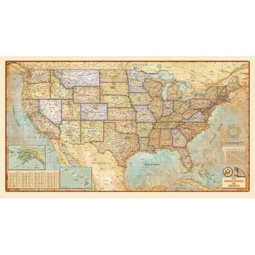 Detailed vintage-style map of the United States of America showing state boundaries, cities, and geographical features, ideal for travel planning and educational purposes.