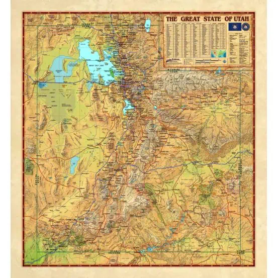 Utah state map with detailed cities, highways, lakes, and mountain ranges, ideal for travelers and geography enthusiasts. Features topographical details and roadways of The Great State of Utah.