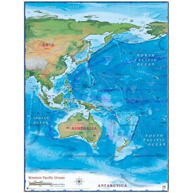 Detailed map of Asia, Australia, and the Pacific Ocean featuring geographic features, ocean basins, and major countries; ideal for travelers, educators, and map collectors.