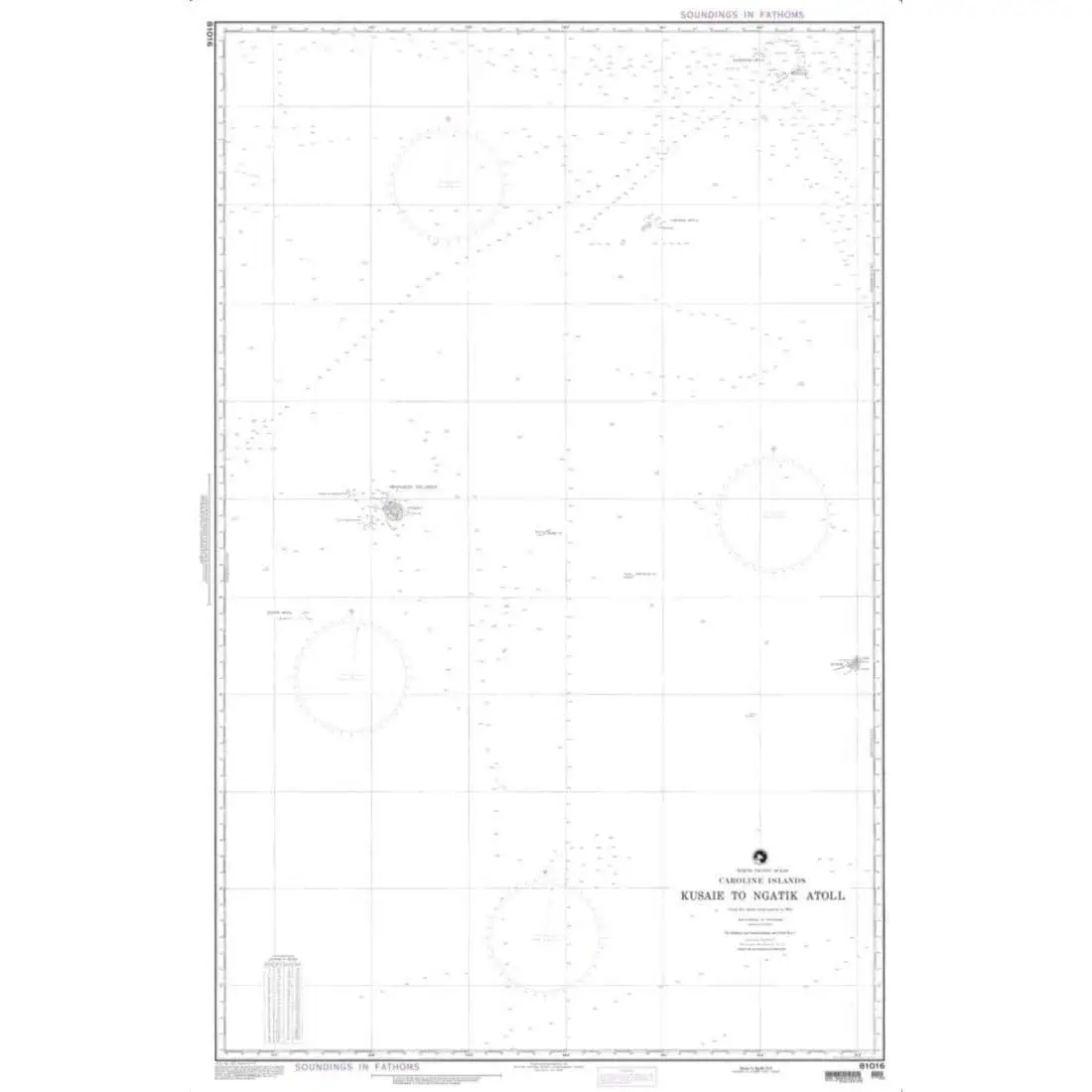 Detailed nautical chart of Caroline Islands from Kusaie to Ngatik Atoll, ideal for maritime navigation, sailing, and marine exploration. Perfect for sailors, mariners, and maritime enthusiasts.