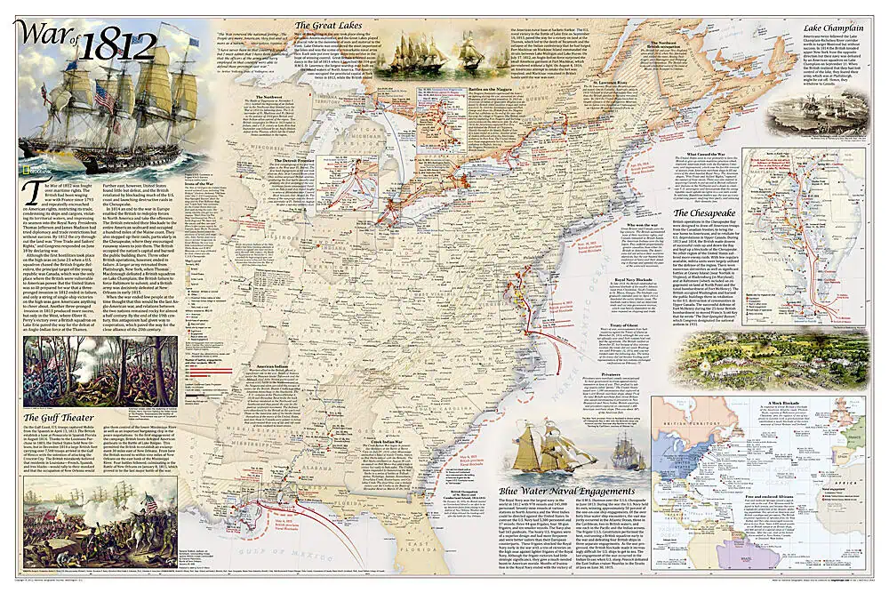 War of 1812 historical map with detailed information on battles, naval engagements, and key locations across the United States and Canada. Perfect for history enthusiasts and educational purposes.