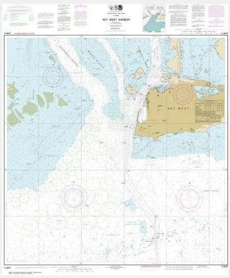 Detailed nautical chart of Key West Harbor featuring navigation routes, depths, and maritime details from The Map Shop, perfect for sailors and maritime professionals.