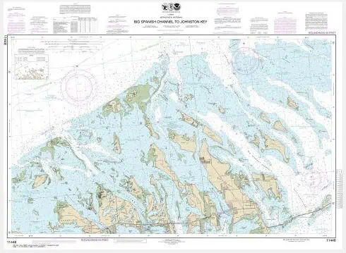 Detailed nautical chart of the Spanish Channel to Lymington Key, featuring depth contours, navigational aids, and coastal details for mariners and navigators.