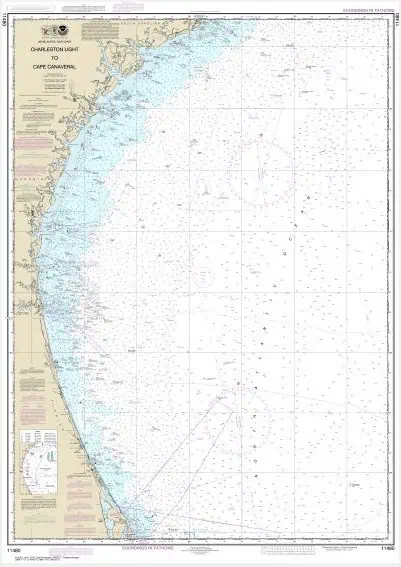 Detailed nautical navigation chart of the Charleston Lighthouse to Cape Canaveral coastline, showcasing maritime maps, marine navigation, and nautical charts for boating and sailing enthusiasts.