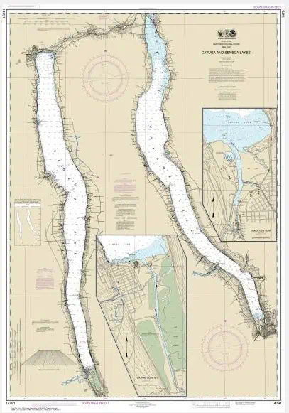 Detailed nautical map of Galena and Seneeca Lakes showing water depths, navigation routes, and surrounding shoreline features. Ideal for boaters, anglers, and marine navigation enthusiasts.