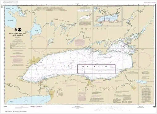 Detailed Lake Ontario nautical chart with depth contours, navigation aids, and geographic features for marine navigation and boating.