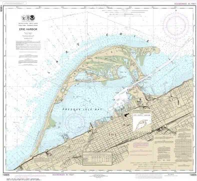 A detailed navigational chart of Erie Harbor featuring maritime routes, depth contours, and navigational aids for safe boating and shipping.