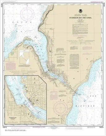 Detailed nautical chart of Sturgeon Bay and Canal with navigational information, water depths, and marine features from The Map Shop for maritime navigation and boating safety.