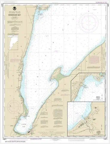 Detailed nautical chart of Keweenaw Bay highlighting water depths, navigational aids, and shoreline features for marine navigation and boating safety.