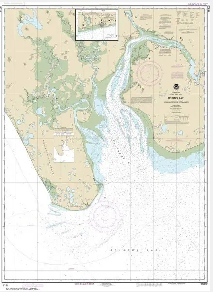 Chart of Bristol Bay navigation and waterway maps, detailing the waterways, depths, and navigational information for boating and maritime navigation in Bristol Bay.