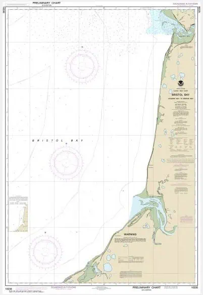 Maritime navigation chart of Bristol Bay, featuring detailed water depths, coastlines, navigational warnings, and marine routes for safe sailing and boating.