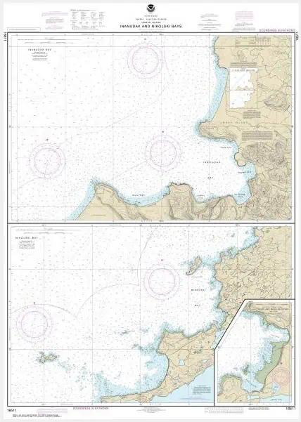 Detailed nautical chart of Inanauk and Nikolskij Bays, featuring coastlines, navigational aids, and depth contours for marine navigation and sailing.