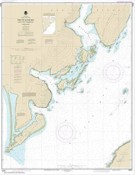 Depth contour nautical chart of part of Alaska Bay with detailed water depths and coastal features, perfect for marine navigation and marine geographic analysis.