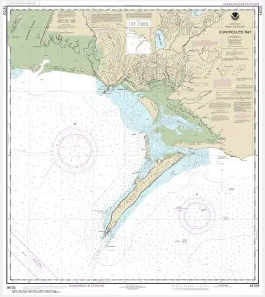 Detailed nautical chart of Contoller Bay with navigational details, topographical features, and water depths, ideal for maritime navigation and marine enthusiasts.