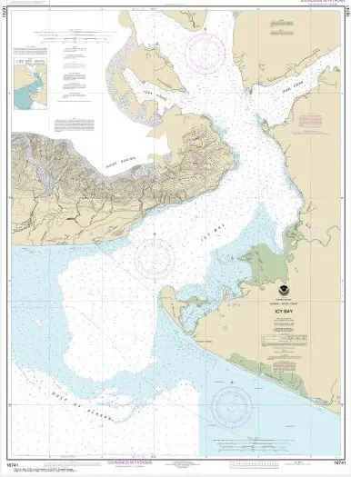 Detailed nautical chart of Icy Bay, Alaska with navigational depths and maritime details for safe boating and marine navigation.