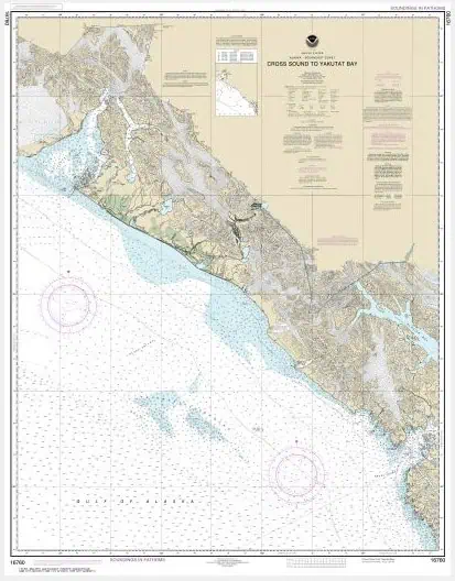 Detailed nautical chart of Yakutat Bay with topography and navigation routes for maritime navigation and boating.