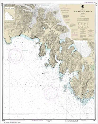 Detailed nautical chart of Cape Spenser to Icy Point, showing topographical features, water depths, and navigation details for marine navigation and maritime planning.