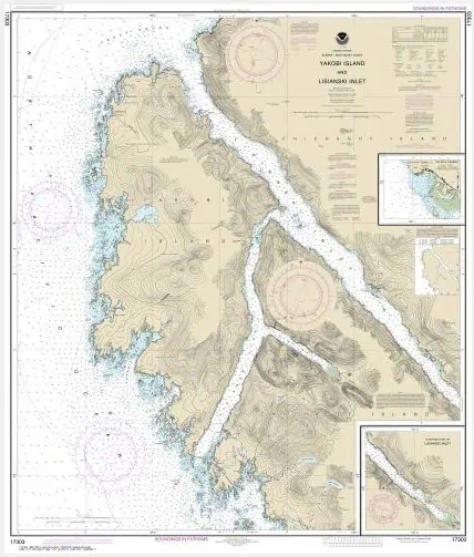Detailed nautical chart of Yakory Island and Lisansk Inlet with navigational details and topographic features for maritime navigation.