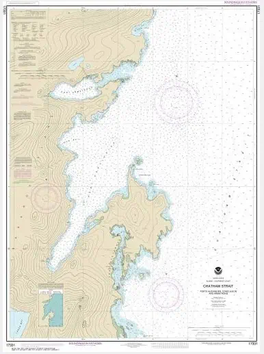 Detailed nautical chart of Chatham Strait featuring water depths, navigational aids, and coastal contours for marine navigation and boating.