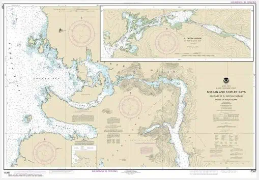 Navigation chart of Shakan and Shipley Bays, showing detailed topography, water depths, and navigational aids for safe maritime navigation. Perfect for marine chart enthusiasts and navigators.