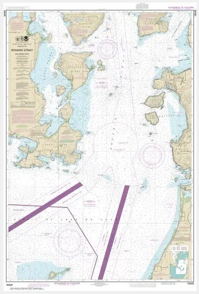Detailed nautical chart of Rosario Strait showing islands, navigation routes, and water depths, available at The Map Shop for marine navigation and sailing trips.