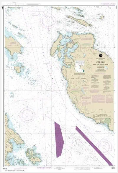 High-resolution nautical chart of Hard Strait, detailed maritime navigation map, showing coastlines, depths, and navigational markers for safe marine travel.