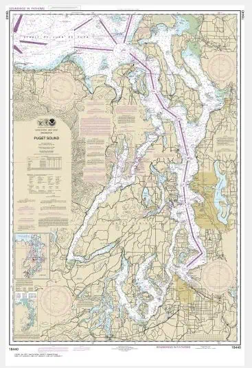 Detailed nautical chart of Puget Sound showing water depths, navigational aids, and maritime routes for marine navigation.