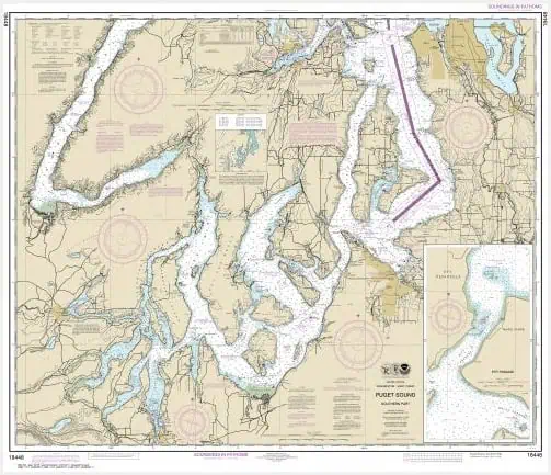 Map of Puget Sound, Washington, featuring detailed nautical charts, navigation routes, and geographic information for boating, sailing, and maritime navigation.