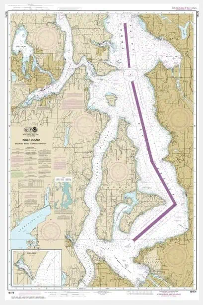 Puget Sound nautical chart with detailed water depths, navigational aids, and maritime routes for boating and sailing enthusiasts.