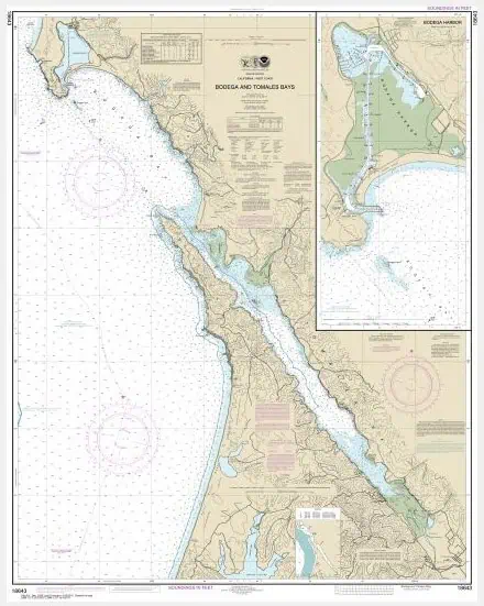 Detailed nautical chart of Bodega and Tomales Bays with navigational routes, depths, and maritime details from The Map Shop for boating, sailing, and marine navigation.