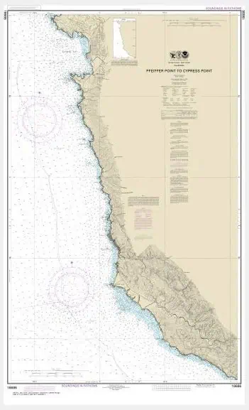 Detailed nautical chart of the coastline from Pfeiffer Point to Cypress Point, showcasing navigation routes, depth contours, and maritime features for marine navigation and fishing.