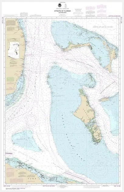 Detailed nautical map of the Straits of Florida showing navigation routes, depths, and maritime features for safe boating and marine navigation.
