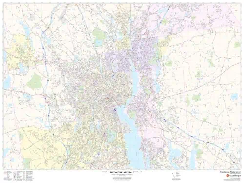 Providence, Rhode Island city map showing streets, neighborhoods, and waterways for navigation and geographic reference.