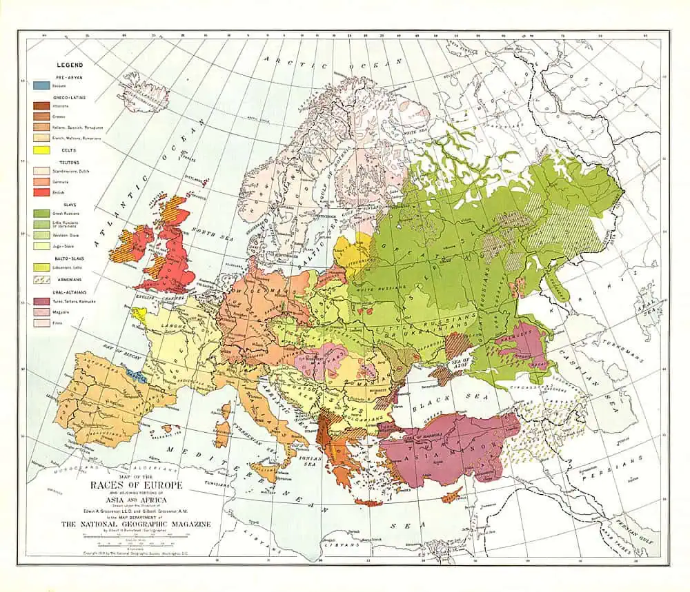 Historical map illustrating the diverse racial groups across Europe and Asia in 1918, highlighting regional differences and geographic distribution.