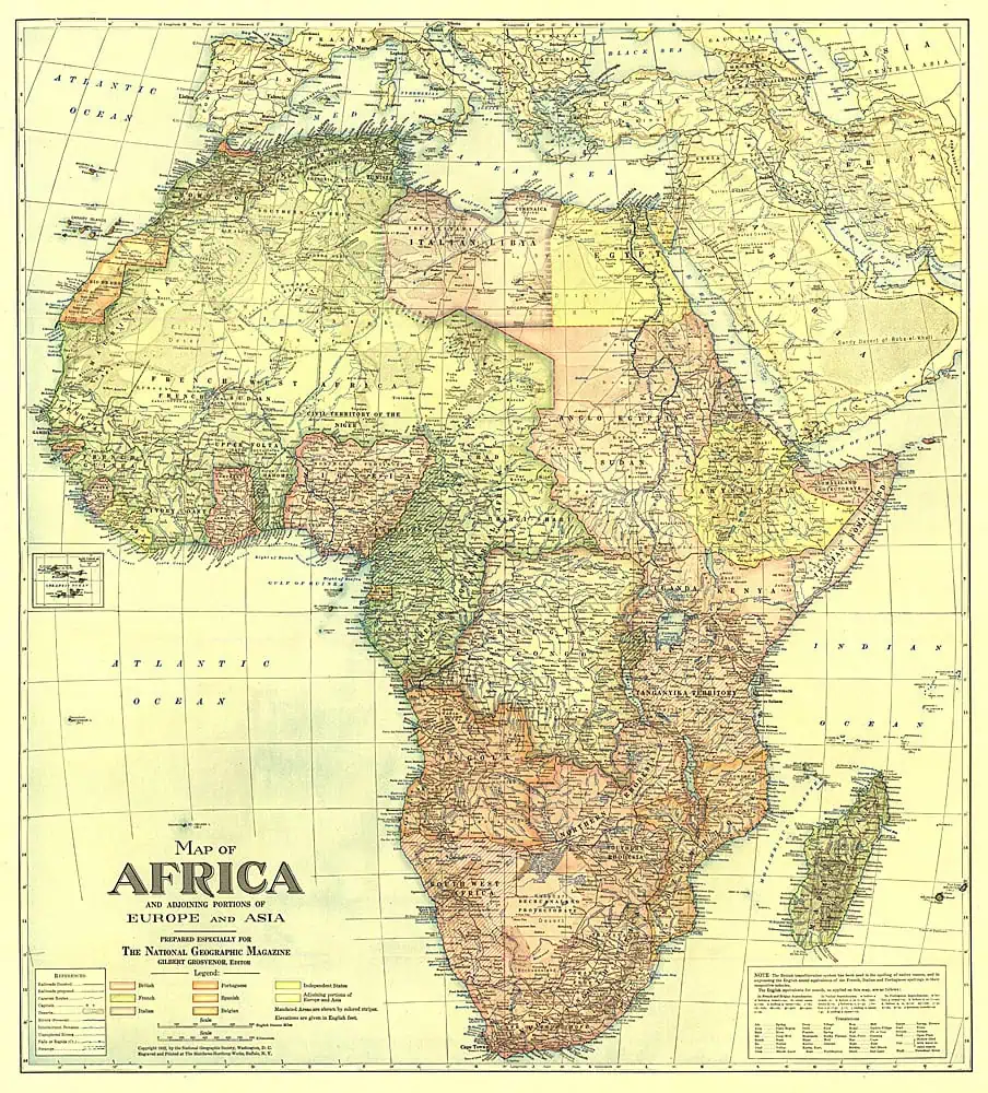 Vintage Africa map showing Europe and Asia portions, published in 1922 by National Geographic.