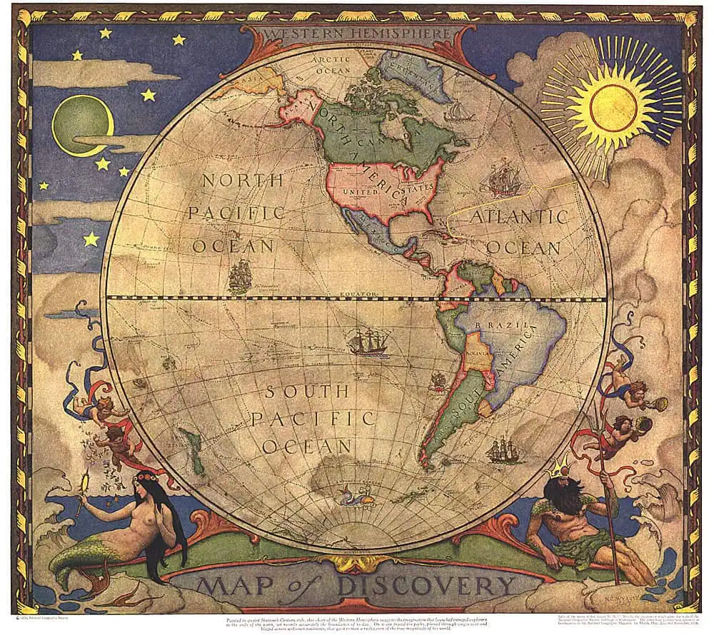 Vintage world map illustrating the Western Hemisphere, published in 1928 by National Geographic.
