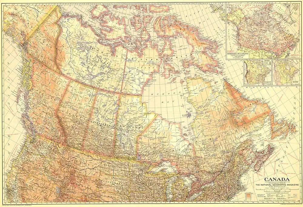 Vintage map of Canada from 1936, showcasing geographic features and territorial boundaries.